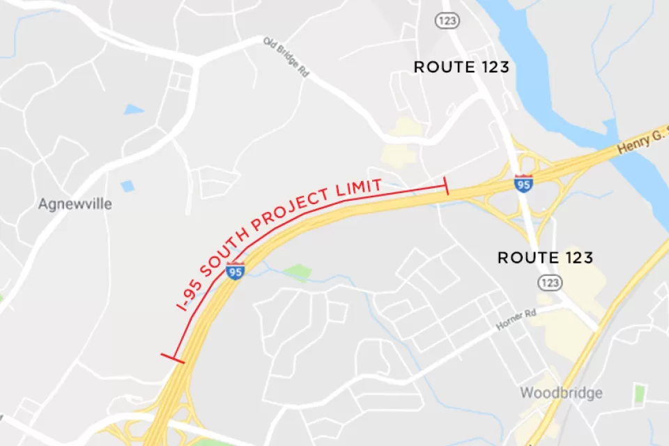 A map of the area of Virginia near Occoquan, Virginia shows. stretch of Interstate 95 that will be widened.